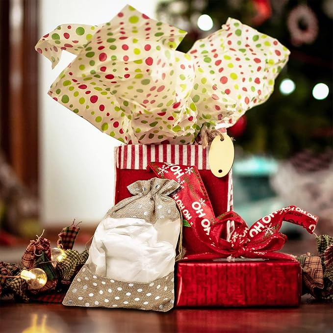 12-Pack Large Linen Burlap & Organza Gift Bags w. Drawstrings (6.5x8.5 in, Beige/Silver Polka) - Party Favors, Presents, Samples & Treats Mesh Pouch by The Display Guys