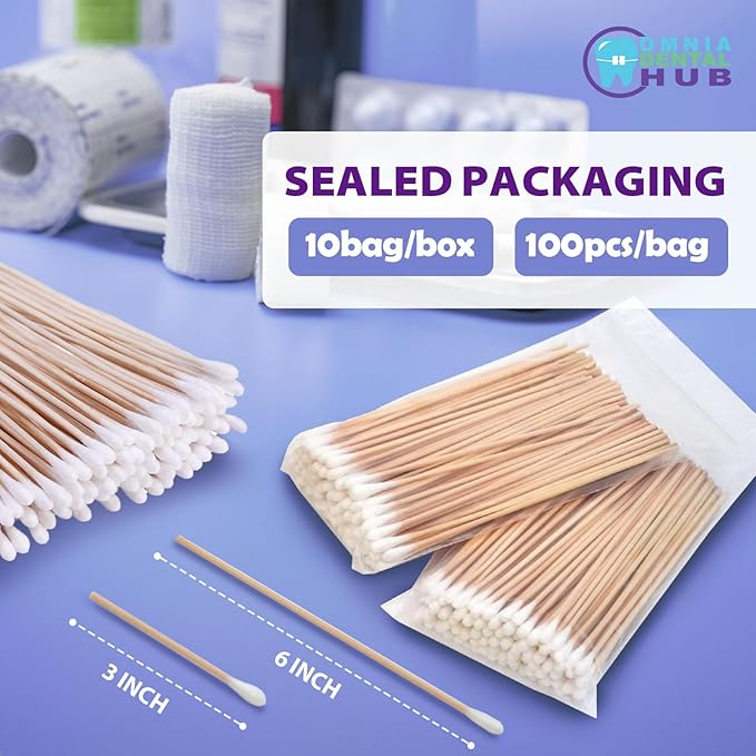 Dental Grade Inch Long Cotton Swabs with Bamboo Wooden Handles Cotton Tipped Applicator by OMNIA ONE | Ideal for Application of Medication, Cleaning Skin, Arts and Crafts Remover Tool (3" (1000PCs))