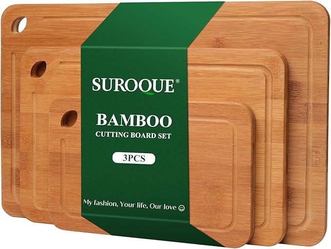 Bamboo Cutting Board Set of 3 for Kitchen, Chopping Boards with Juice Groove & Built-in Handles, Perfect for Meat, Vegetables, Fruits, Kitchen Gift for Home Cooks & Chef, Dark Brown