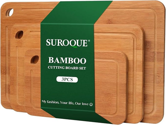 Bamboo Cutting Board Set of 3 for Kitchen, Chopping Boards with Juice Groove & Built-in Handles, Perfect for Meat, Vegetables, Fruits, Kitchen Gift for Home Cooks & Chef, Dark Brown