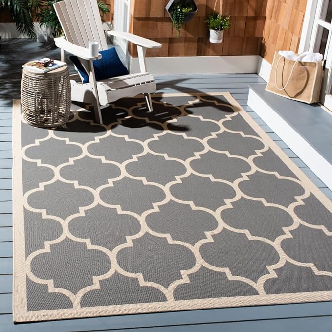 SAFAVIEH Washable Rug Outdoor Courtyard Collection - 6'7" Square, Anthracite & Beige, Non-Shedding & Easy Cleaning, Ideal for Patio, Backyard, Mudroom (CY6914-246)