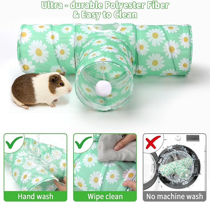 Rypet Guinea Pig Tunnel Hideout 3-Way Collapsible Small Pet Tubes, Daisy | 3 Way Design for Exploration, Collapsible for Easy Storage, Built-in Play Ball, Hiding & Resting for Hamsters Ferrets