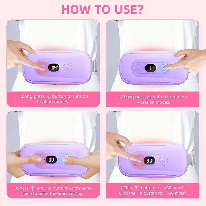 Portable Heating Pad Period Cramps: 2 Timer 6 Heat Levels 6 Vibration Modes Cordless Electric Heating Pad 3s Fast Heating Menstrual Heating Pad (Purple)