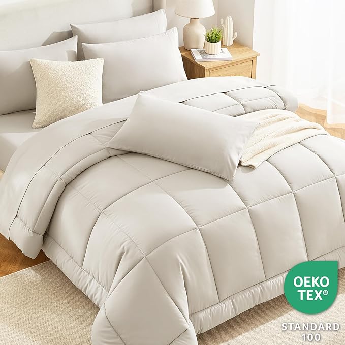 CozyLux Full Size Comforter Sets Beige, 7 Pieces Bed in a Bag, Beige Comforter Full Size, All Season Bedding Sets with Stitch Quilted Comforter, Flat Sheet, Fitted Sheet, Pillowcases