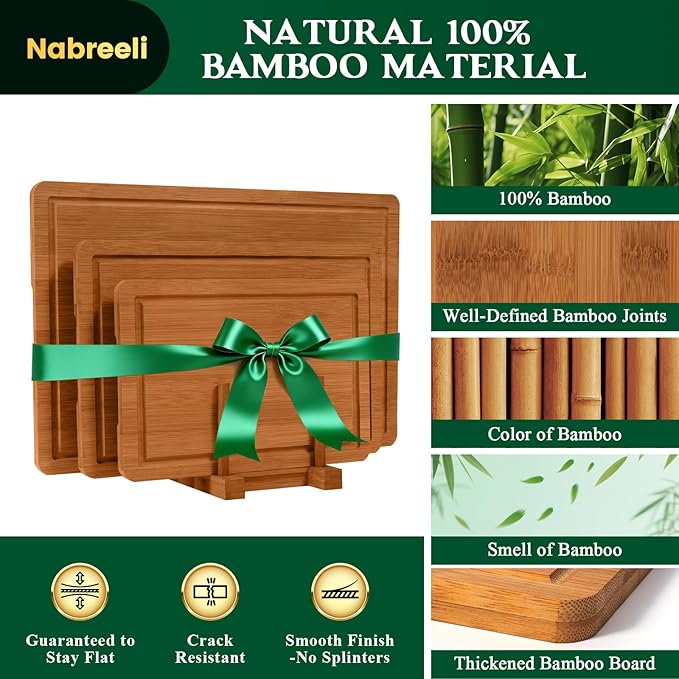 Bamboo Cutting Boards Set (3 Sizes) with Non-Slip Feet, Juice Groove & Handles - Non-Toxic Wood Chopping Boards for Meat, Veggies - Ideal Kitchen Gift for Home(S+M+L)