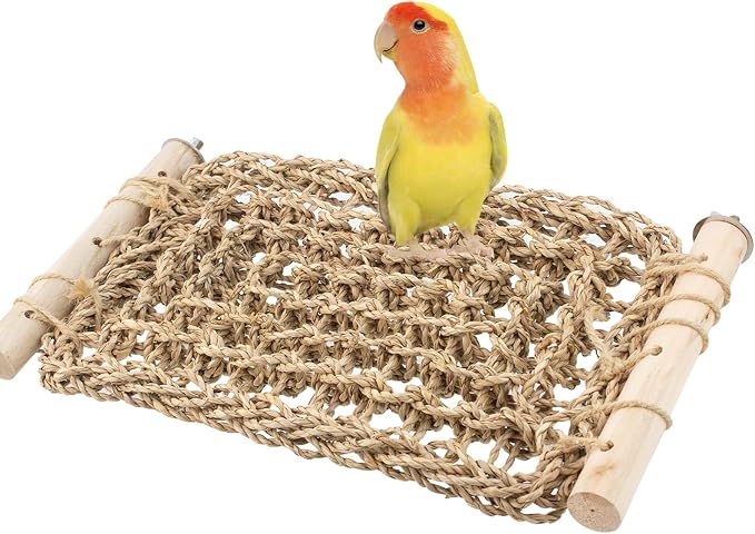 FlidRunest Conure Ladder Perch for Cage, Bird Seagrass Ladder Bridge Exercise Stands, Natural Hand-Woven Parrot Net Climbing Chewing Hammock, Cage Accessories