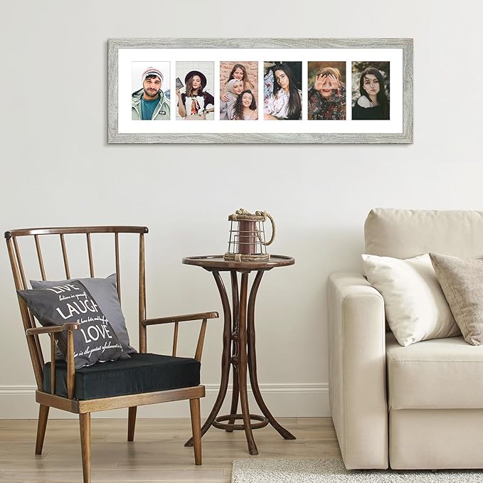 8x26 Collage frame with 6 Openings 4X6 Pictures, Multiple Picture Frame with Mat, Wall or Tabletop Decor, Grey Wood Grain (1 Pack)