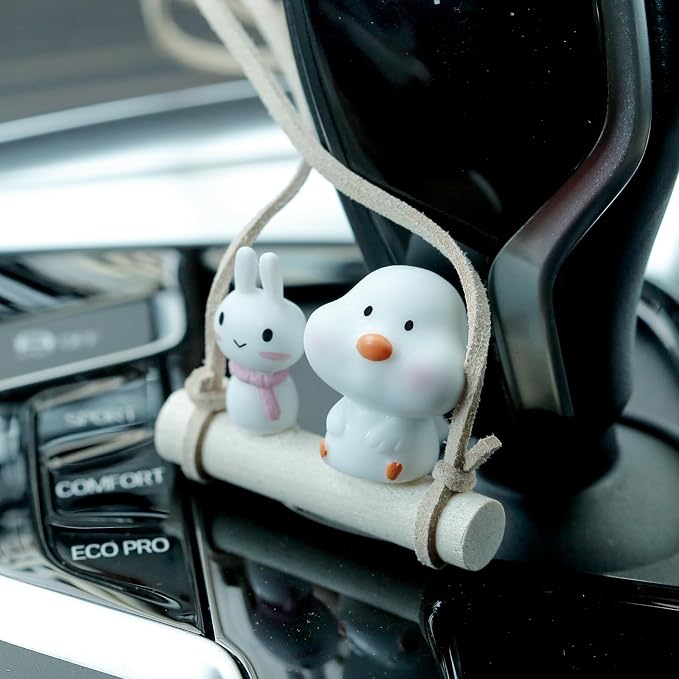 YGMONER Cute Swinging Chick & Bunny Car Rear View Mirror Hanging Accessories Funny Car Interior Decor Gifts for Women Men (Chick and Bunny)