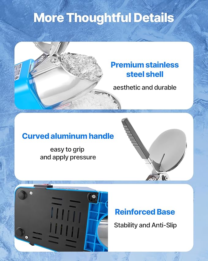 VEVOR Ice Crusher Machine, 286lbs Per Hour Electric 4 Blades Snow Cone Maker, Stainless Steel Shaved Ice Machine with Bowl and Cover, 300W 2000RPM Ice-Shaver for Home and Commercial Use, Blue