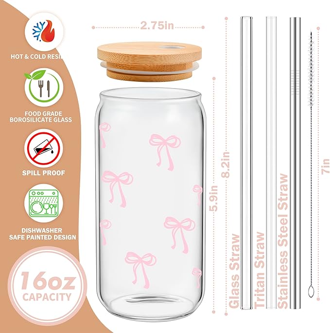 BIPEDS Coquette Cute Pink Bow Glass Cups with Lids and Straws, Aesthetic Iced Coffee Cup, Girly Preppy Design Tumbler Mug, Valentines Christmas Birthday Gifts for Women, Teen Girl Gifts Trendy Stuff