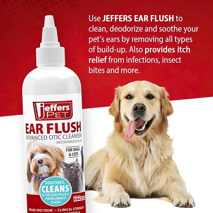 Jeffers Ear Flush for Dogs, Cats & Puppies, 8 oz - Otic Ear Cleanser Solution with 0.2% Ketoconazole, Aloe Vera & Calendula, Gentle Ear Wash for Pet Hygiene, Grooming, Wax & Debris Cleaning