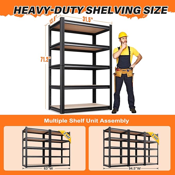 2-Piece Set 71.1''HStorage Shelves, 2500lbs Garage Shelving,Adjustable Heavy Duty Shelving Unit,5t Tall Garage Shelves，Metal Standing Shelf Units,Utility Rack 2 Pack