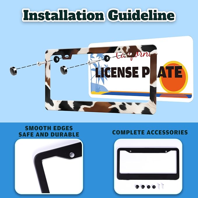 Brown Cow Spots Print License Plate Frame Cow Stainless Steel 6 X 12 Inch | Fits US Standard With Screws Rust Resistant For Car Front Rear Decoration Accessories Easy Installation For Cars SUV Truck