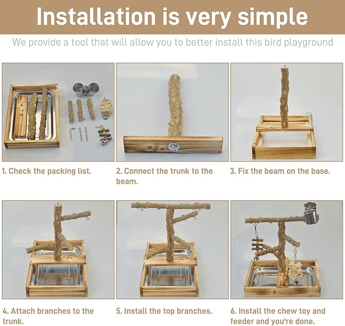 LIMIO Natural Wood Bird Toys Playground, Bird Cage Accessories, Bird Perches, with Removable Tray and 2 Stainless Steel Cups