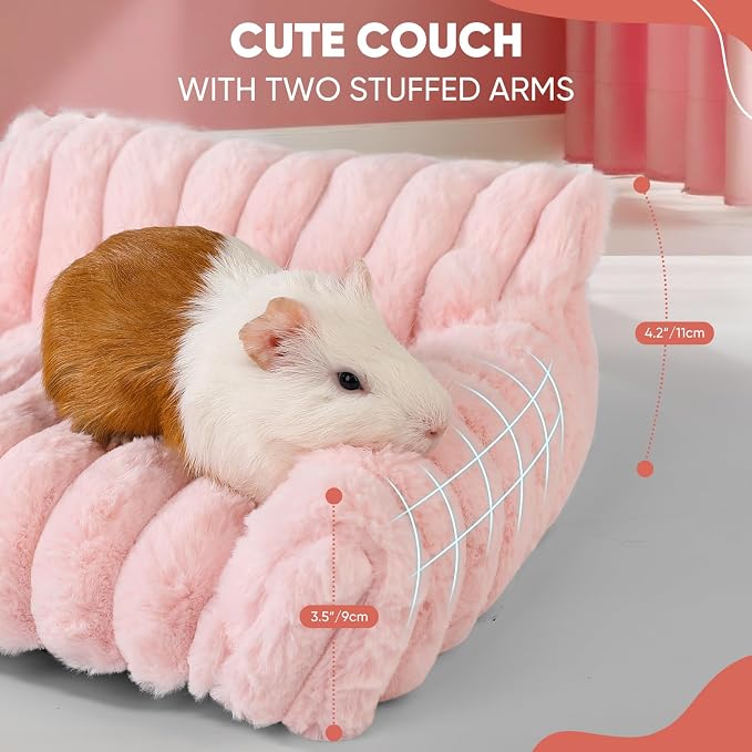 Guinea Pig Couch - Fluffy Small Pet Sofa with with Two Removable Washable Covers, Guinea Pig Bed with Stuffed Arms and Back, Super Cozy Corduroy Fleece, Pink and Dark Gray Respectively