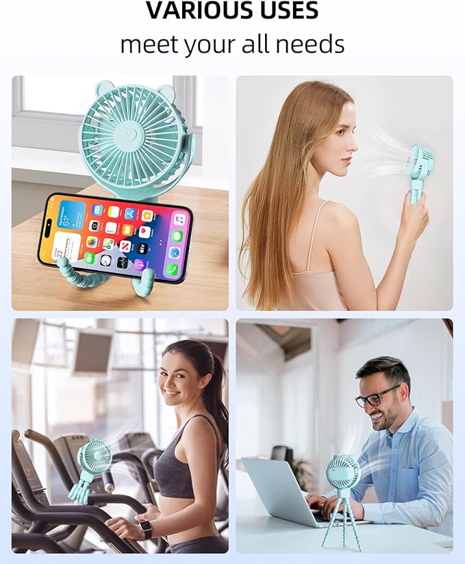 Portable Stroller Mini Fan, Small Rechargeable Personal Cooler w/ 360° Rotation, Baby Essentials for Car Seat, Crib, Bike, Treadmill, 3-Speed Battery Powered Stroller Accessories, Mint