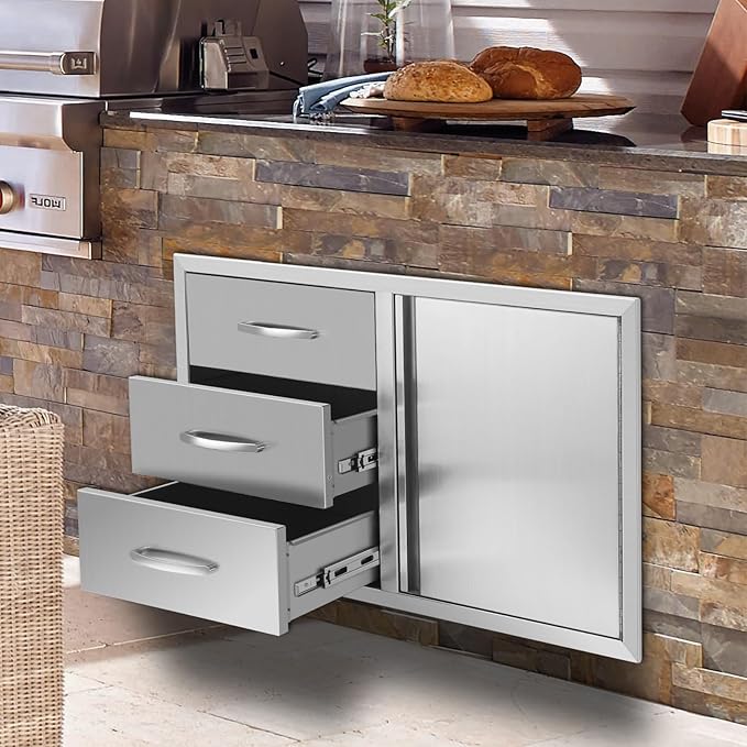 Outdoor Kitchen Drawers Stainless Steel 38.3W X 22.7H X 20.7D Inch, Flush Mount Triple BBQ Island Drawers with Handle for Outdoor Kitchens, Patio or Grill Station