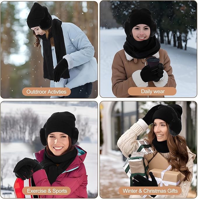 Geyoga 6 Pcs Women Winter Beanie Hat Scarf Gloves Ear Muffs Fuzzy Socks Set, Touchscreen Gloves for Thermal Gift Cold Weather