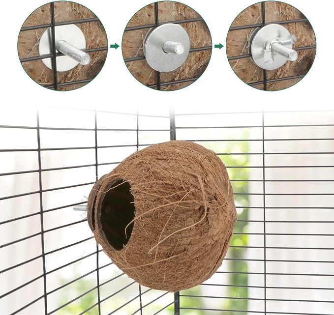 Hypeety Pet Bird Breeding Nest Natural Coconut Bird Hideout Hut for Cage | Natural coconut shell, for sleeping/breeding, easy to install, for parakeets/cockatiels/finches/hamsters, coco cage perch toy