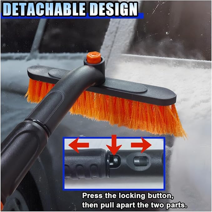 31.5" Detachable Snow Brush and Ice Scraper for Car Windshield, 2-in-1 Winter Snow Removal Tool with Extendable, 360° Rotating Soft Bristle Brush Head and Foam Grip for Most Vehicles (Orange)