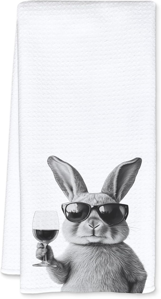 Funny Bunny Decor Kitchen Towels, Bunny Gift Dish Tea Towel for Kitchen Decor, Bar Towels for Bartender, Wine Lover Gifts, 16x24 Inch