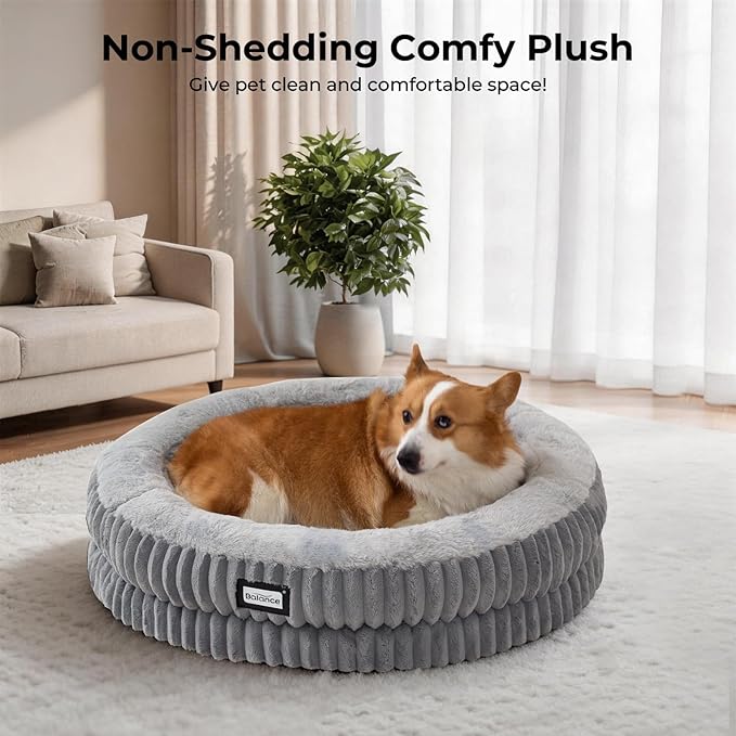 BALANCE Donut Dog Bed, 30 Inches Round Dog Bed Medium Size Dogs Washable, Orthopedic Calming Dogs Beds for Kitten, Fluffy Plush Faux Fur Pet Bed with Anti-Slip Bottom