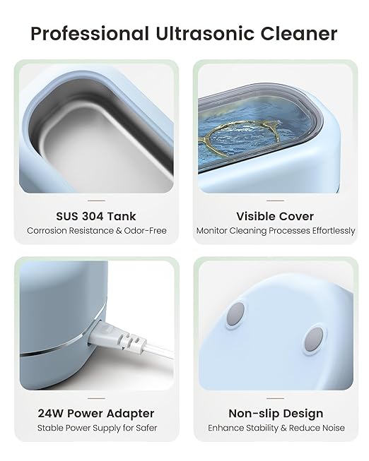 Ultrasonic Jewelry Cleaner, Upgraded Jewelry Cleaner Ultraonic Machine 48KHz for All Jewelry, Eyeglasses, Watches Strap, Dentures, Retainers & More - Light Blue