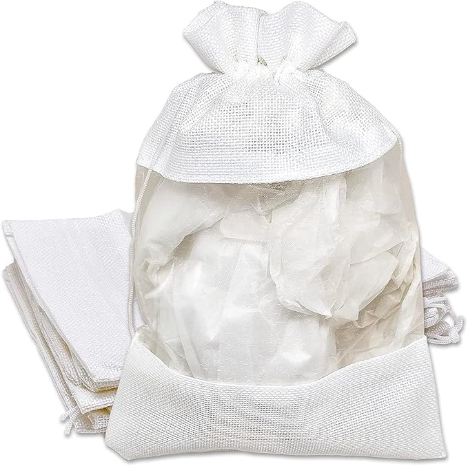 48-Pack X-Large Linen Burlap & Organza Gift Bags w. Drawstrings (7.5x11.5 in, White) - Party Favors, Presents, Samples & Treats Mesh Pouch by The Display Guys