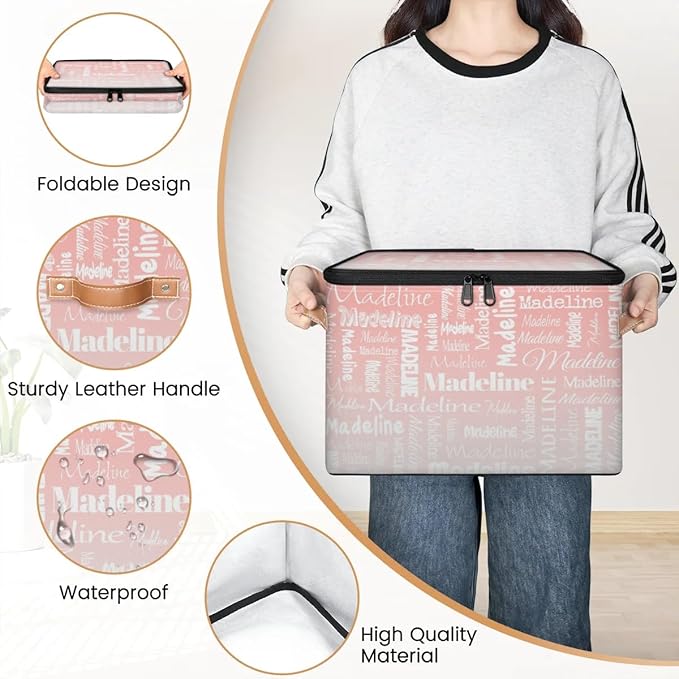 Custom Storage Basket with Name, Personalized Keepsake Box with Zipper Lid, Foldable Fabric Memory Bin Large capacity with Handle Pink White