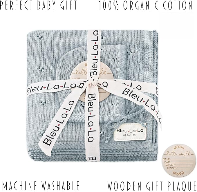 Organic Baby Blanket + Hat Gift Set for Boys - 100% Soft Luxury Cotton Receiving Swaddle Blanket + Bonnett Registry for Newborns & Infants (Powder Blue + Hat)
