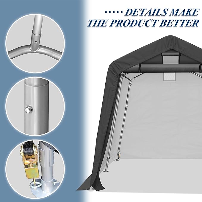COVERONICS 8' x 8' Outdoor Storage Shed - Heavy Duty Portable Shelter Carport with Ventilation Windows and Roll-up Doors, Storage Shelter Tent for Motorcycle, Bike, Lawnmower and Garden Tools, Grey