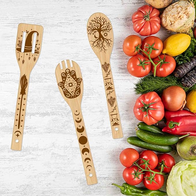 GLOBLELAND 6Pcs Magic Divination Bamboo Cooking Utensils Wooden Engraved Cooking Spoons Set Carving Kitchen Bamboo Spatula Set for Women and Men Wood Cooking Spoon for Kitchen Fun House Warming Gift
