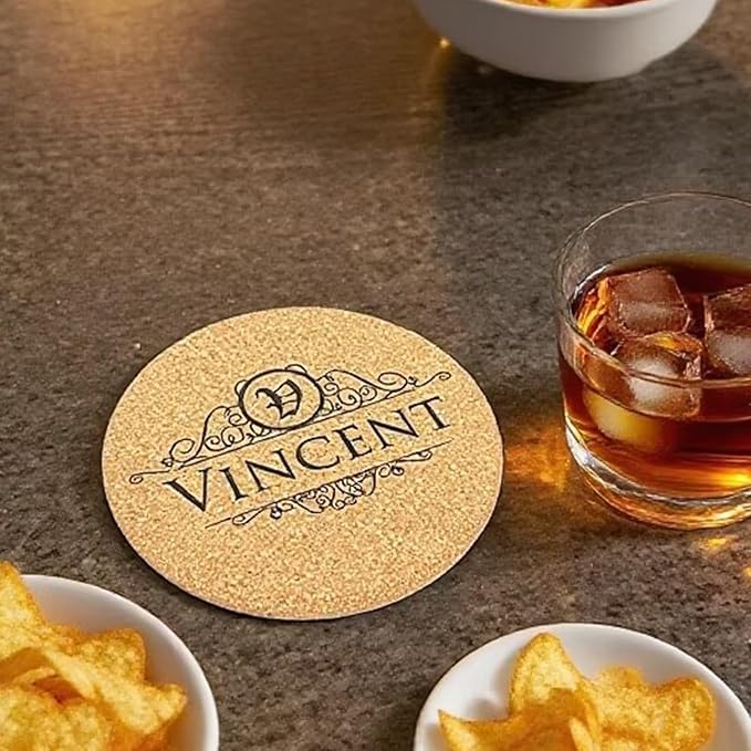 Set of 5 Personalized Custom Monogram Cork Coasters, Custom Wedding, Housewarming Gifts, Promotional Giveaways (Design #1)
