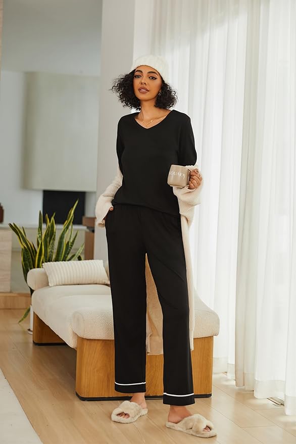 Ekouaer Womens 2 Pack Pajama Set Long Sleeve Pajamas Top and Pants V Neck Pjs Set Soft Loungewear with Pockets