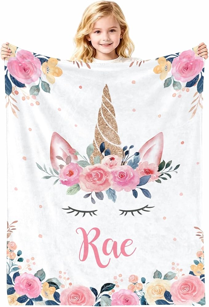 Personalized Baby Blanket with Name, Customized Soft Animals Flannel Blankets for Newborn Boys Girls and Toddlers, for New Mom, Infant Birthday Gift, Unicorn-2