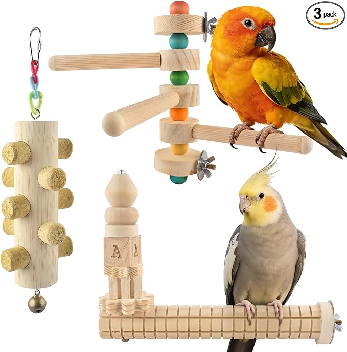 DBNESS 3pcs Natural Wood Bird Perch Toys, Rotating Perch Stand, L-Shaped Perches with Chew Block, Hanging Cork Stopper Toy, Birdcage Accessories for Small Medium Parrots Cockatiels Quaker Caique