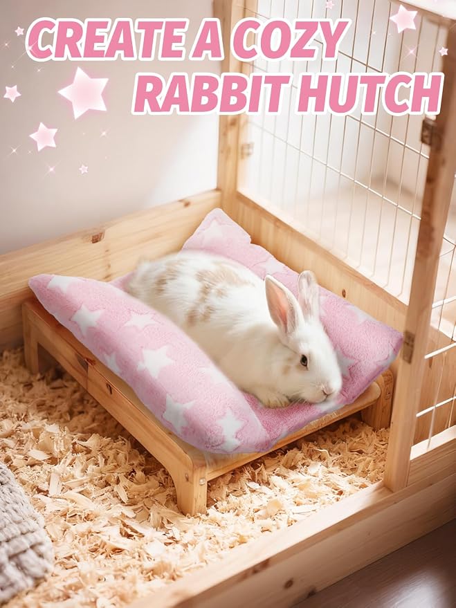 MEWTOGO 15.7" x 14" Bunny Bed for Rabbit Cage, Thickened & Soft | Prevent Sore Hocks Plush Mat with Cotton Lounger Pillows, Small Animal Flop Mat for Hutch Sleeping Indoor, Pink-Star