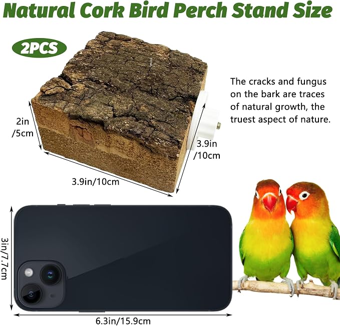 kathson 2Pcs Natural Cork Bird Perch Stand Platform Small Birds Thicken Wooden Square Stand Perch Parakeet Chewing Toy Cage Accessories for Lovebirds Cockatiels Conures(Single Screw, 2 in Thick)