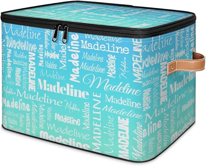 Custom Storage Basket with Name, Personalized Keepsake Box with Zipper Lid, Foldable Fabric Memory Bin Large capacity with Handle Blue Green Gradient