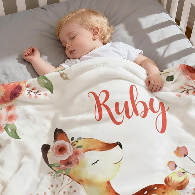 Custom Baby Name Deer Floral Blanket Personalized Blanket with Name Receiving Security Swaddle Blanket for Baby Girls Personalized, 30"x 40"