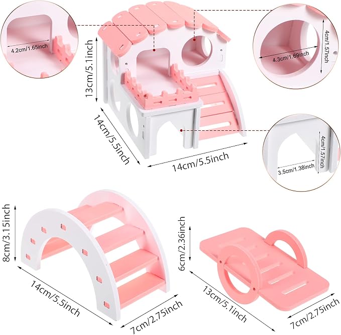 Skylety 3 Pieces Fun Hamster Guinea Pig Hideout Kit, Small, Pink | Include PVC Hamster House, Rainbow Bridge, Seesaw DIY Exercise Playhouse for Rats Mouse Small Animals