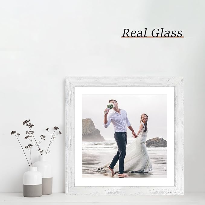 iRahmen 12x12 Picture Frame Set of 4 with Tempered Glass, Display 10x10 Pictures with Mat or 12 x 12 Without Mat, Wooden Photo Frames for Tabletop Display and Wall Mounting