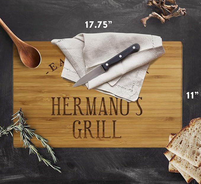 Andaz Press Large Bamboo Wood BBQ Cutting Board Gift, 17.75 x 11-inch, Hermano's Grill, 1-Pack, Laser Engraved Serving Chopping Board Christmas Birthday Chef Kitchen Ideas