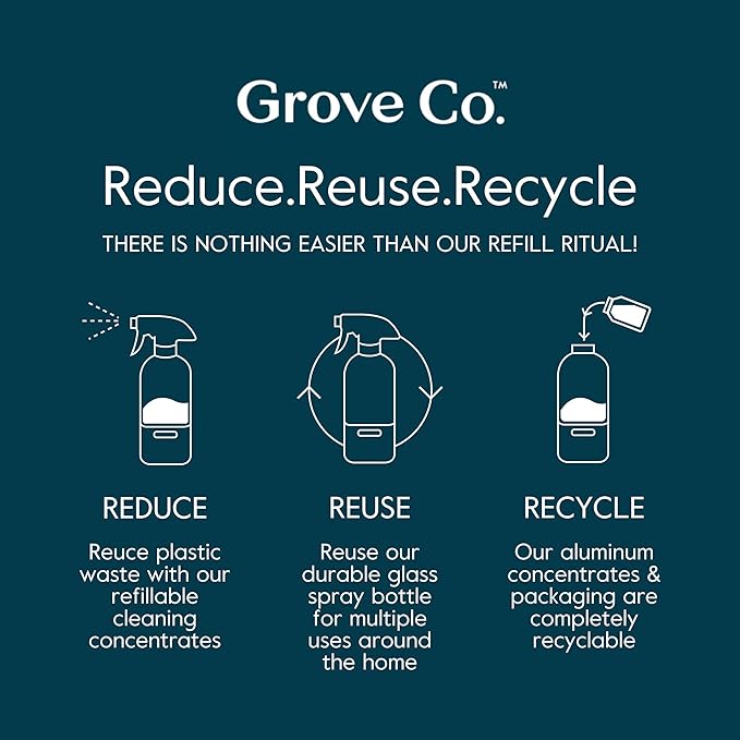 Grove Co. Multi-Purpose Cleaner, Refill Concentrate (2 x 1 Oz) + Glass Spray Bottle (16 Oz), Plant-based Household Cleaning Supplies Bundle, No Plastic Waste, 100% Natural Orange & Rosemary Scent