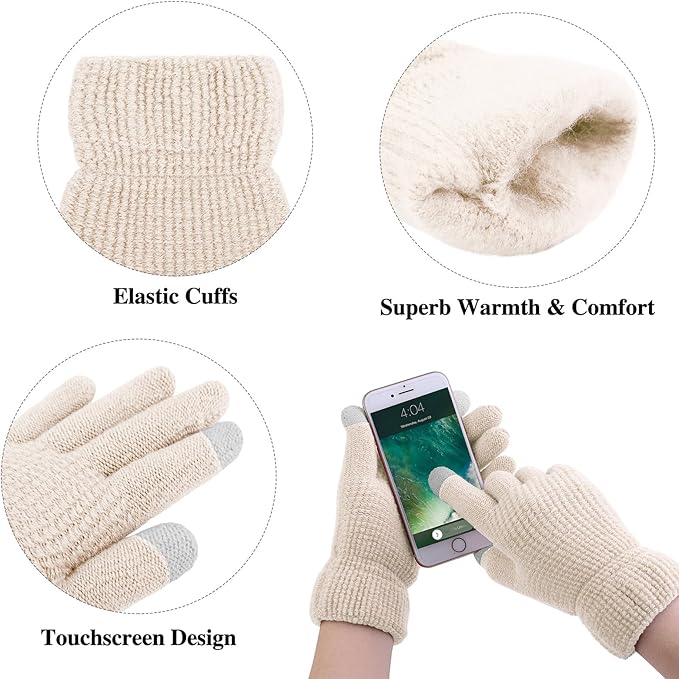Aneco Womens Winter Warm Sets Knitted Fur Pompoms Beanie Hat Circle Loop Scarf Touch Screen Gloves Winter Favor Accessories