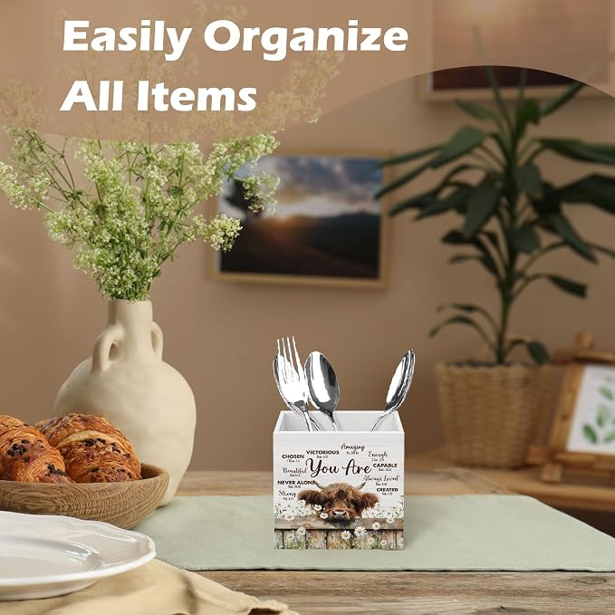DILSJ Christian Highland Cow 1 Compartment Pen Pencil Holder for Desk,Christian Gifts, Bible Verse Highland Cow Inspirational Wooden Box Signs Organizer for Home Office Desk Tabletop Decoration