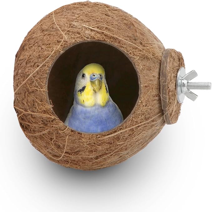 Hypeety Pet Bird Breeding Nest Natural Coconut Bird Hideout Hut for Cage | Natural coconut shell, for sleeping/breeding, easy to install, for parakeets/cockatiels/finches/hamsters, coco cage perch toy