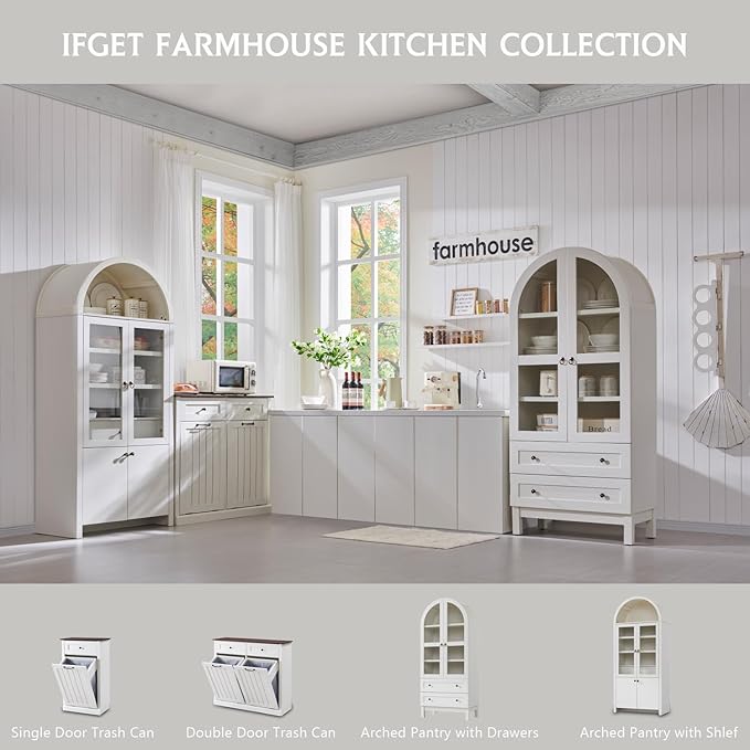 IFGET 71" Tall Arched Kitchen Pantry Cabinet, Wood Kitchens Storage Cabinets with 2 Large Drawers and Adjustable Shelves, Modern Farmhouse Versatile Cupboard for Kitchen, Dining Room, Bathroom, White