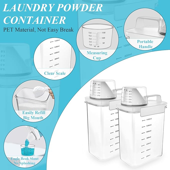 Supkiir 2 Packs Laundry Detergent Dispenser, 61Oz Laundry Powder Holder Container with Lids, PET Scent Booster Beads Dispenser for Organization Washing Powder Soda Powder Grain