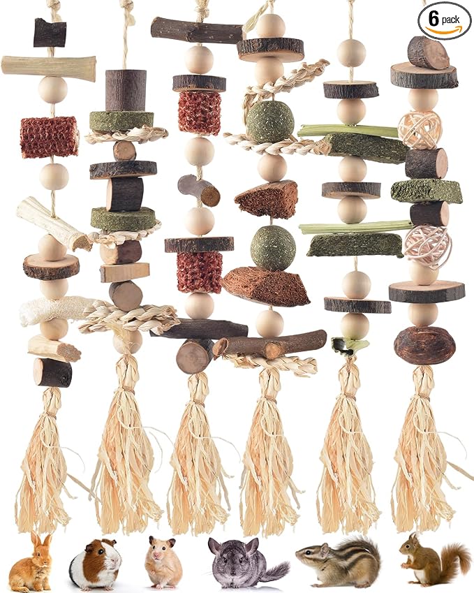 DBNESS 6PCS Bunny Chew Toys, Hamster Rabbit Cage Hanging Chew Toys, Natural Apple Wood Bunnies Treats, Improve Small Animal Teeth Health for Guinea Pig Chinchilla Ferret Rats Gerbil